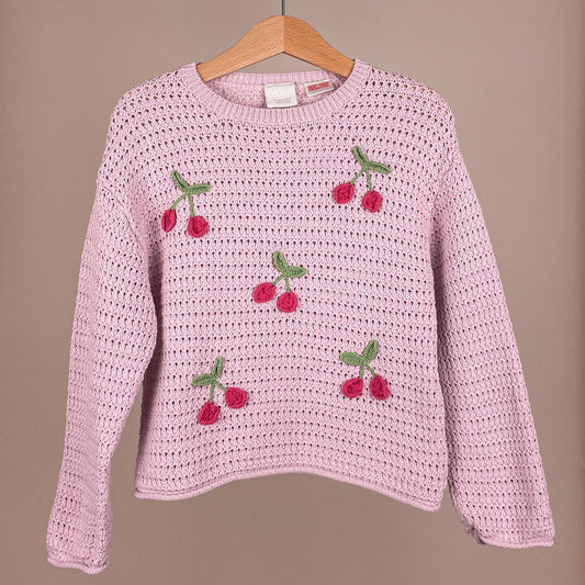ZARA Mädchen-Strickpullover mit Kirschen in Rosa, Größe 104 – Vorderansicht